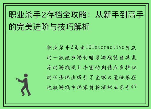 职业杀手2存档全攻略：从新手到高手的完美进阶与技巧解析