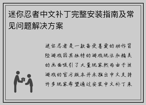 迷你忍者中文补丁完整安装指南及常见问题解决方案