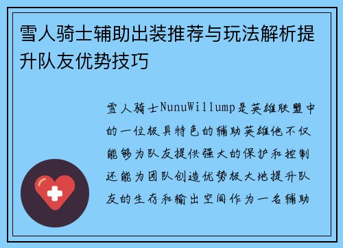 雪人骑士辅助出装推荐与玩法解析提升队友优势技巧